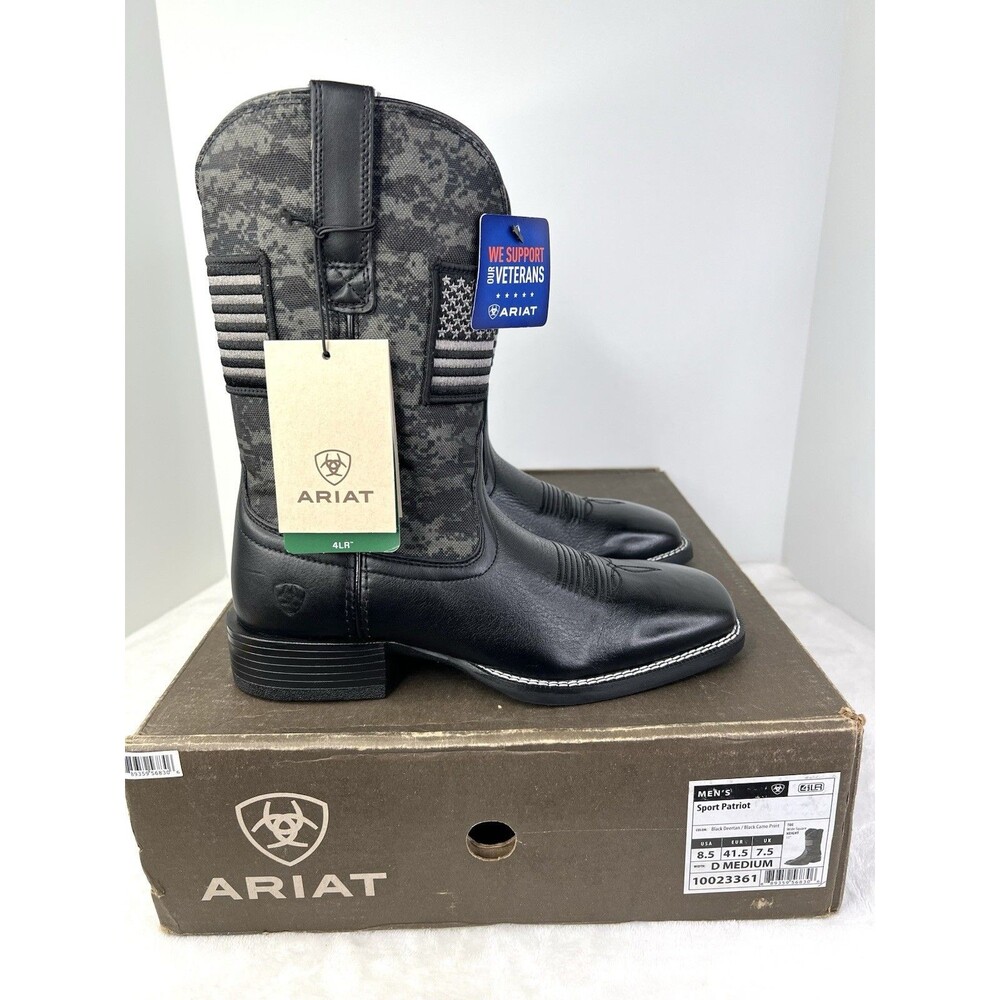 ARIAT Sport Patriot Square Toe Cowboy Boots Mens Size 8.5 D Black Camo Flag New